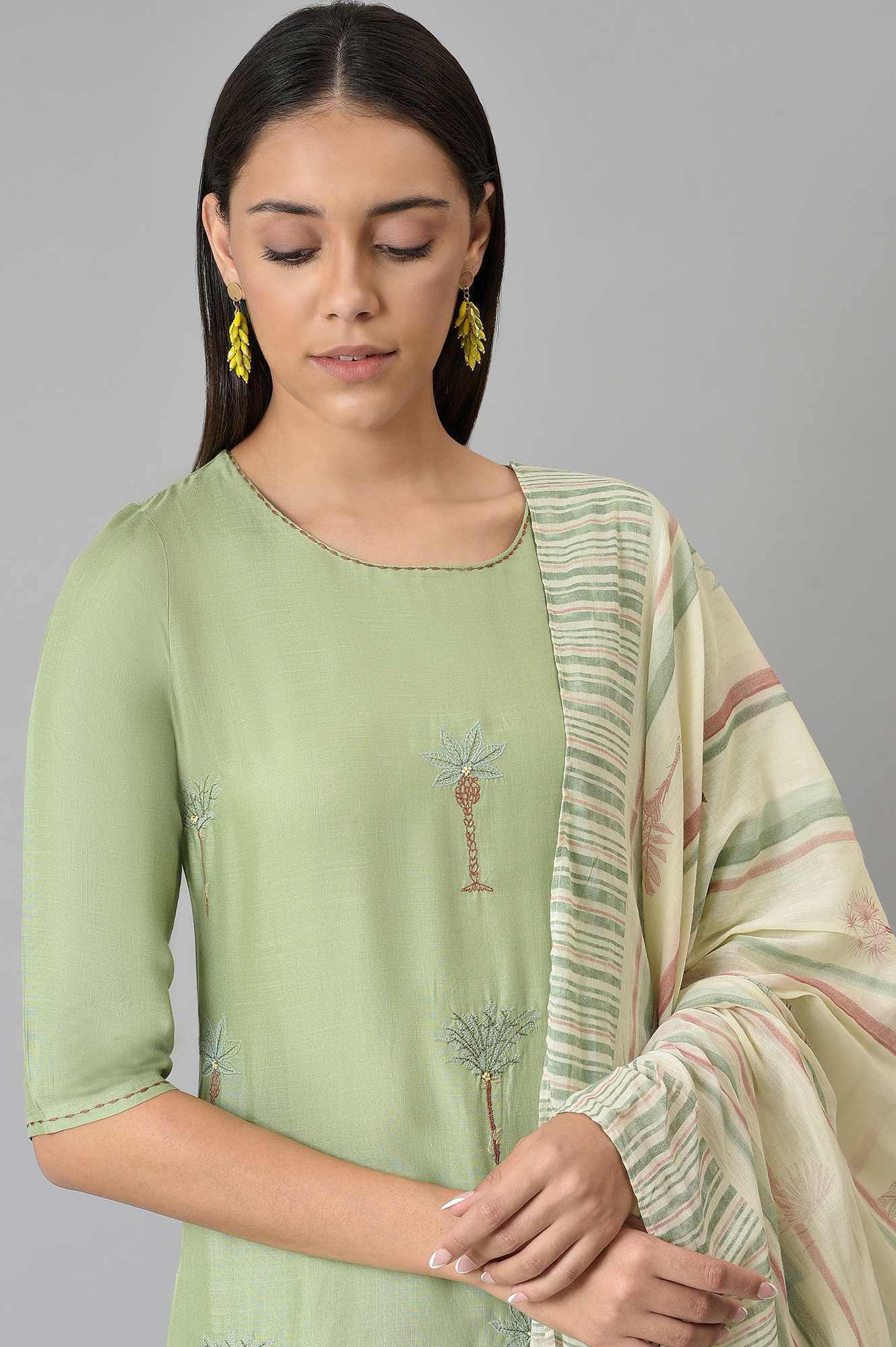 W for Woman Light Green Embroidered Straight Kurta with Printed Parallel Pants and Dupatta Set