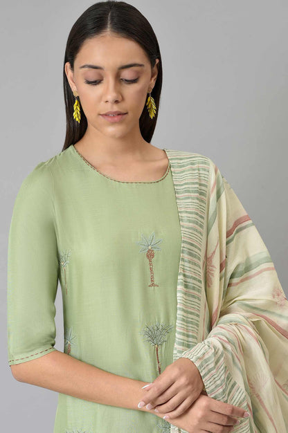 W for Woman Light Green Embroidered Straight Kurta with Printed Parallel Pants and Dupatta Set
