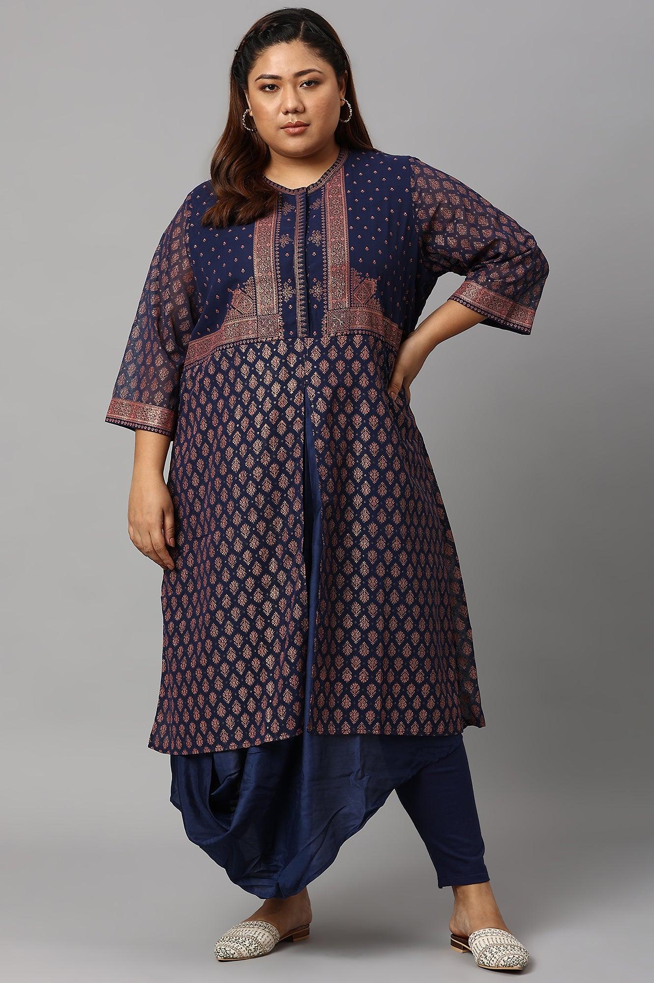 W for Woman Plus Size Blue Printed A-Line Cowl kurta With Tights