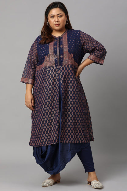 W for Woman Plus Size Blue Printed A-Line Cowl kurta With Tights