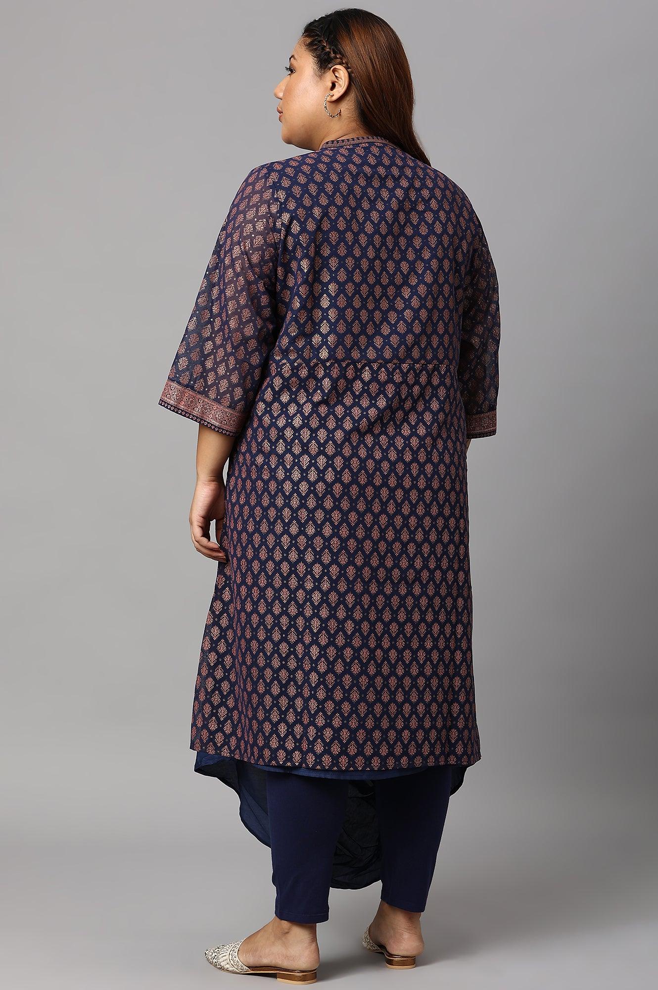 W for Woman Plus Size Blue Printed A-Line Cowl kurta With Tights