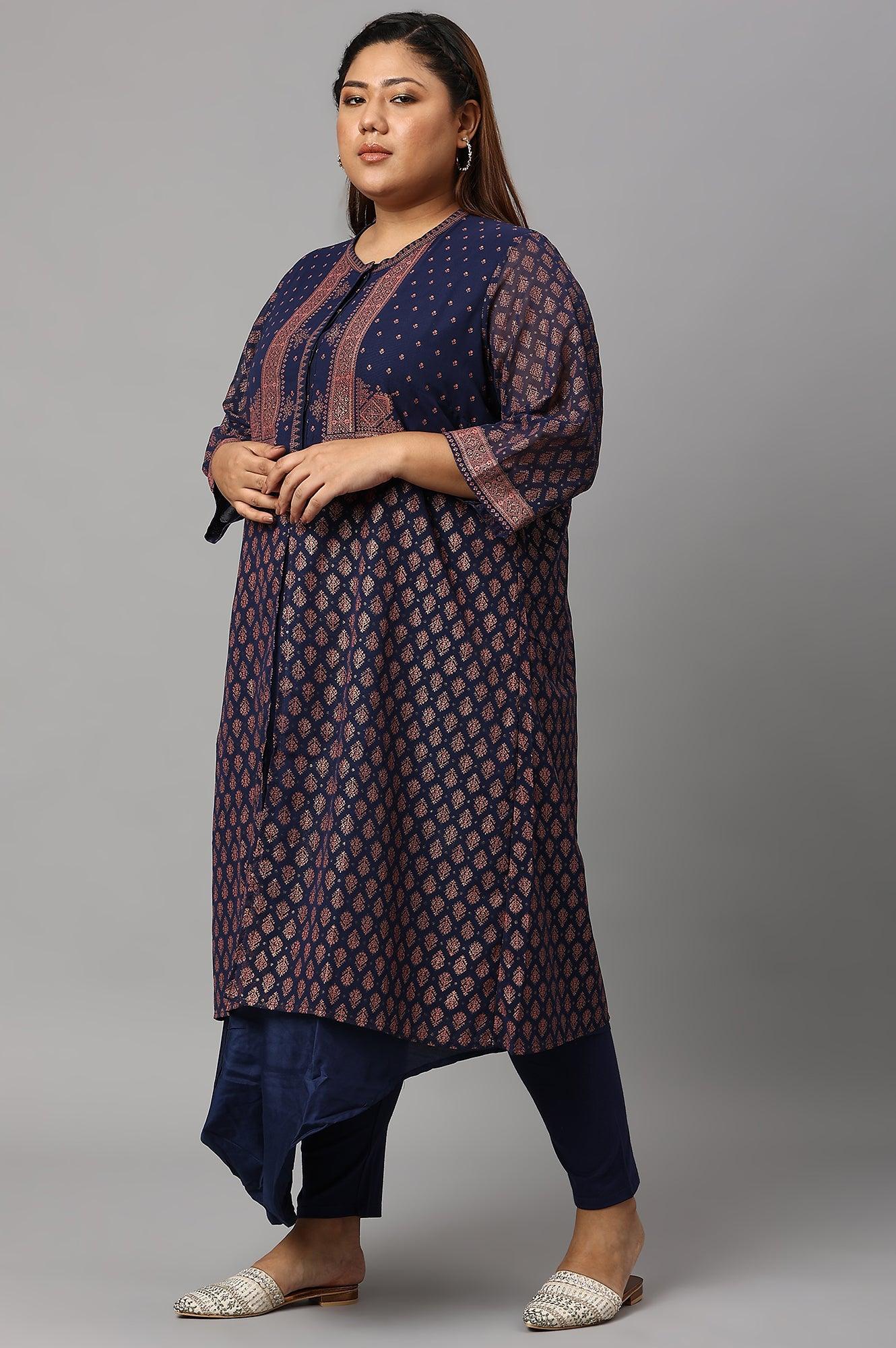 W for Woman Plus Size Blue Printed A-Line Cowl kurta With Tights