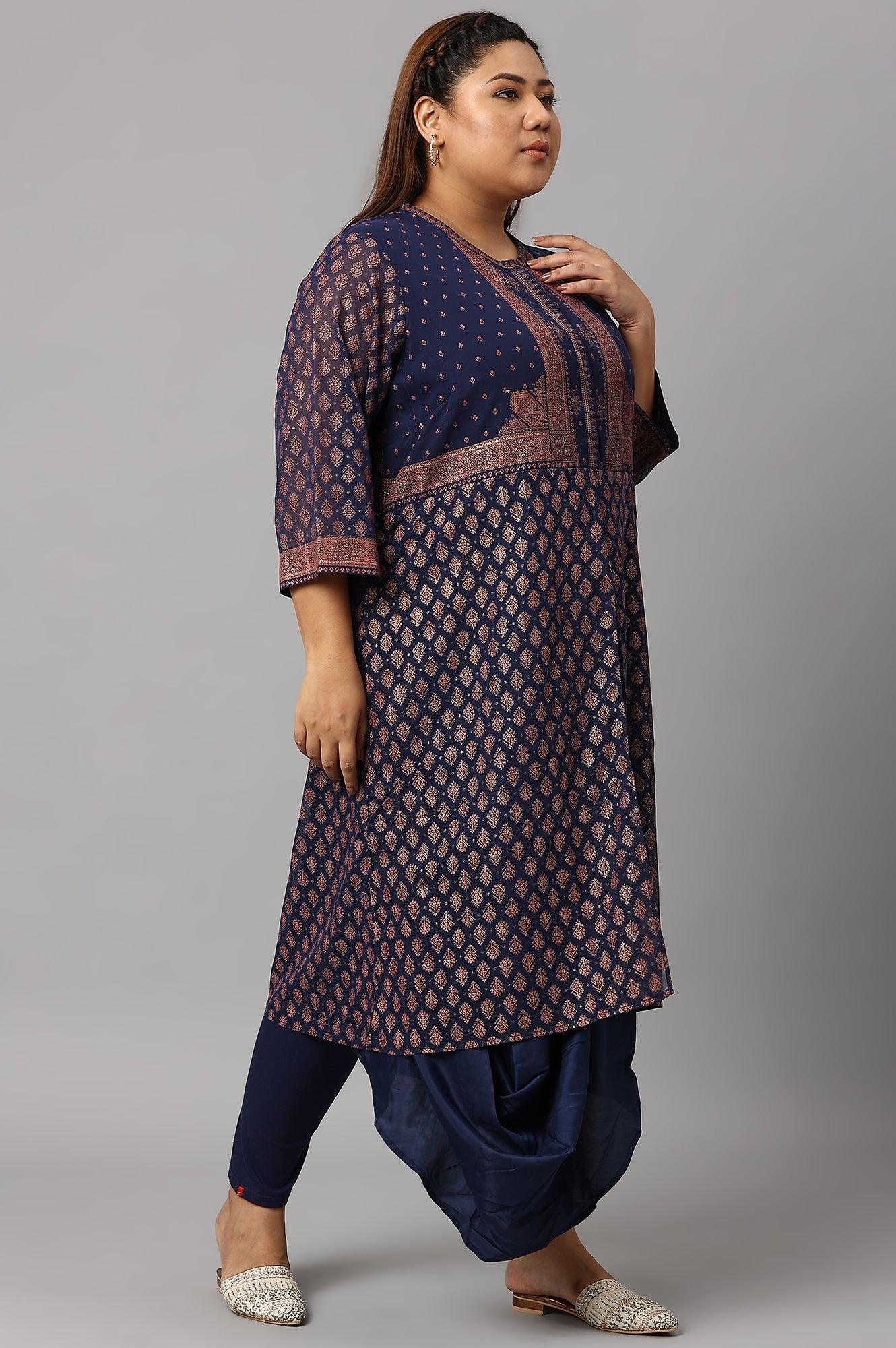 W for Woman Plus Size Blue Printed A-Line Cowl kurta With Tights