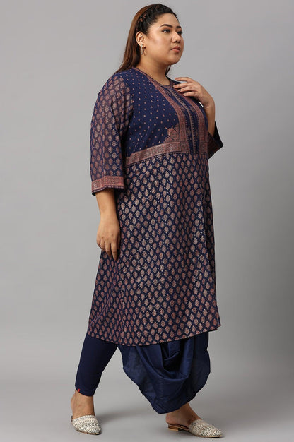 W for Woman Plus Size Blue Printed A-Line Cowl kurta With Tights