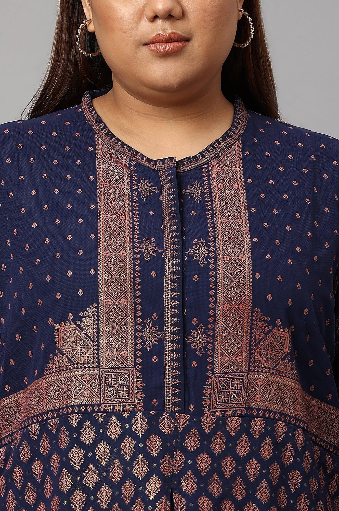 W for Woman Plus Size Blue Printed A-Line Cowl kurta With Tights
