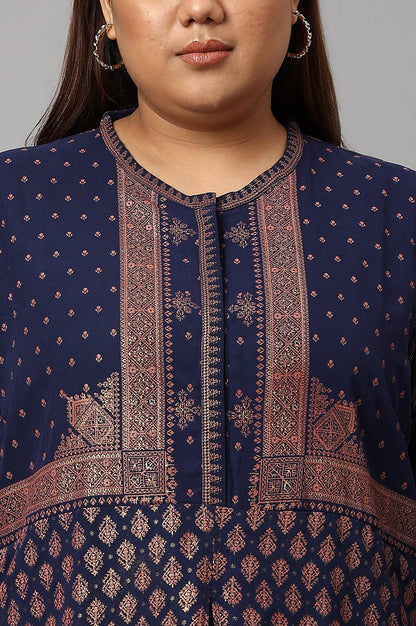 W for Woman Plus Size Blue Printed A-Line Cowl kurta With Tights