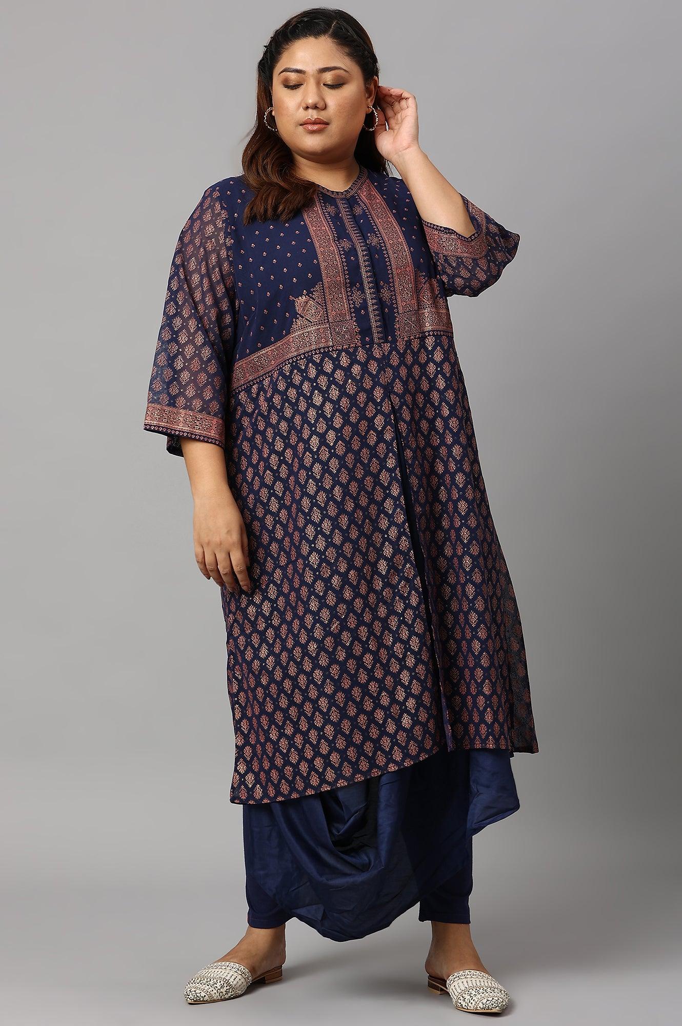 W for Woman Plus Size Blue Printed A-Line Cowl kurta With Tights