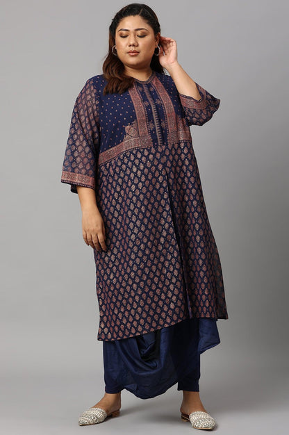 W for Woman Plus Size Blue Printed A-Line Cowl kurta With Tights
