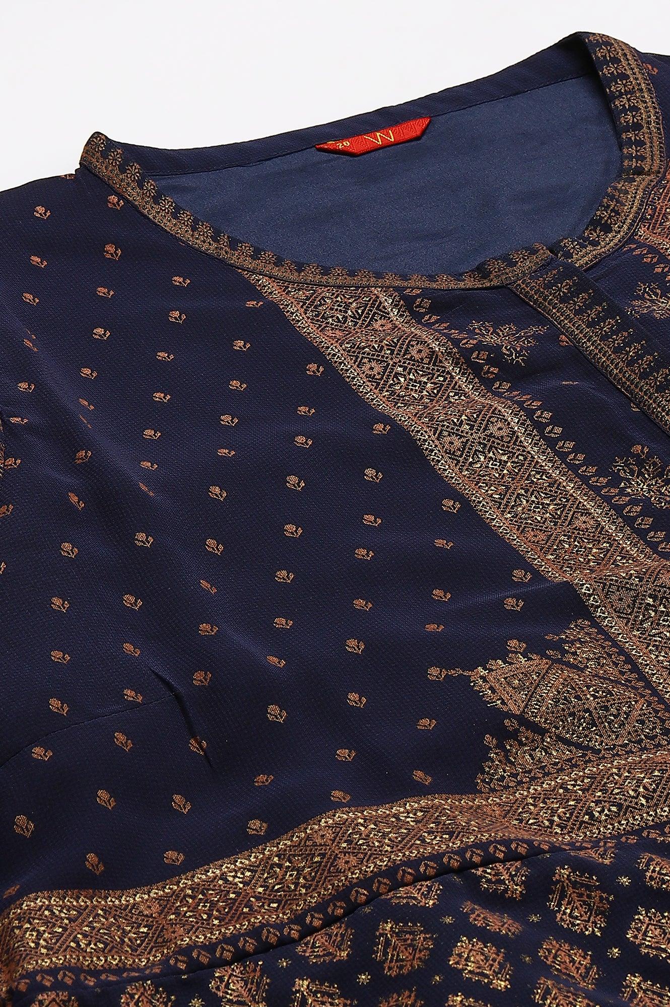 W for Woman Plus Size Blue Printed A-Line Cowl kurta With Tights
