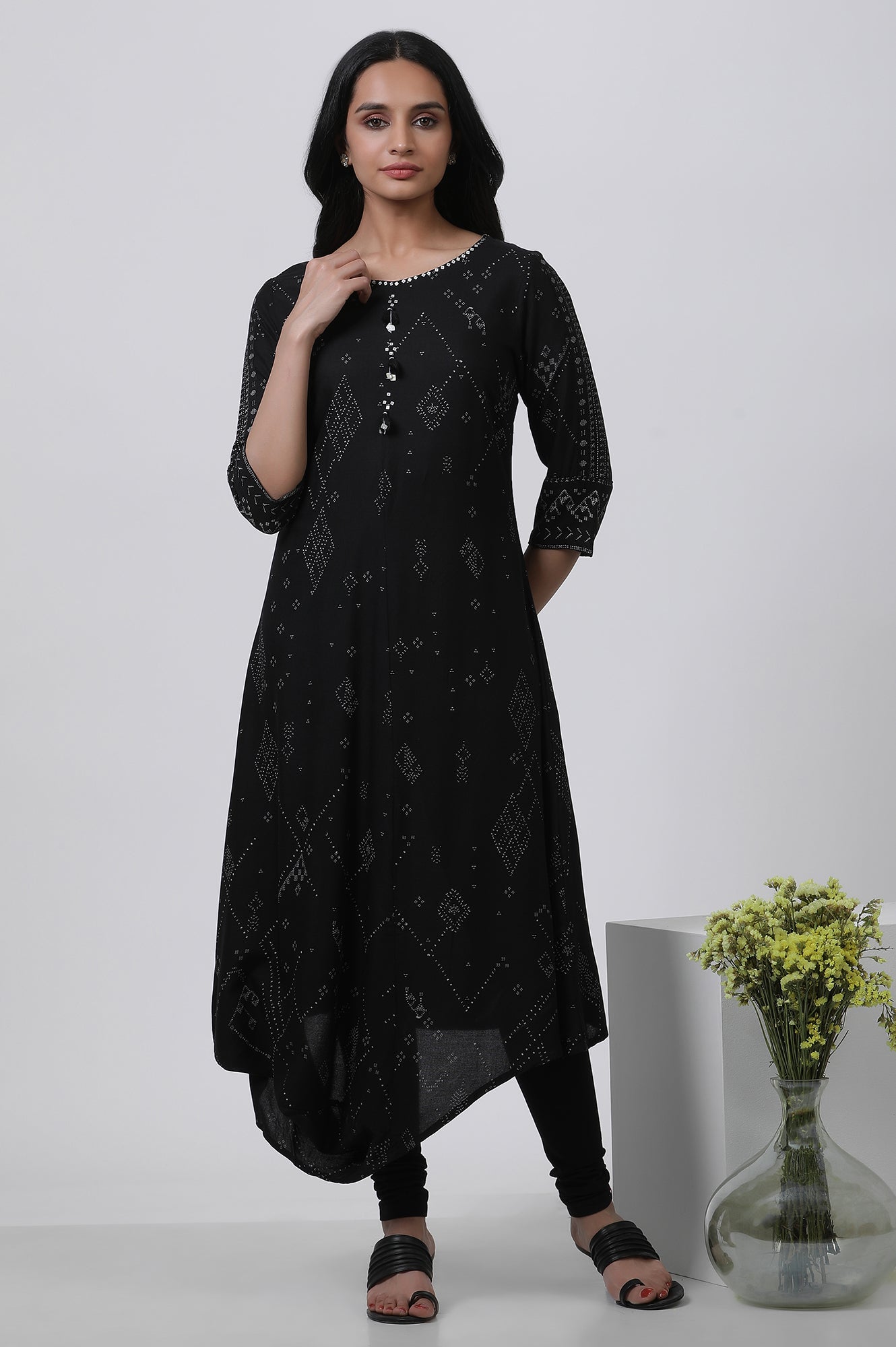 W for Woman Black Printed A-Line Kurta And Churidar Set