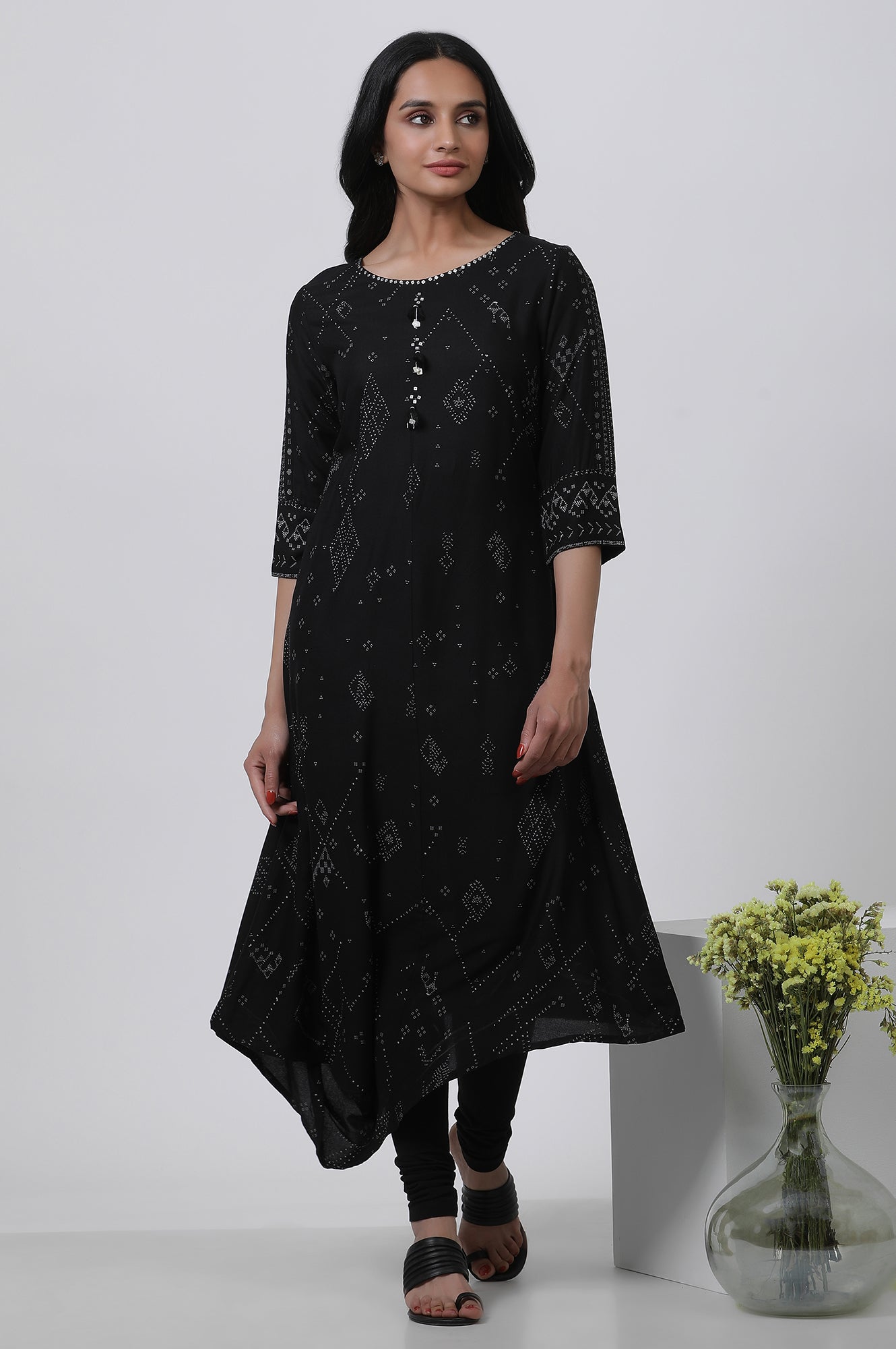 W for Woman Black Printed A-Line Kurta And Churidar Set
