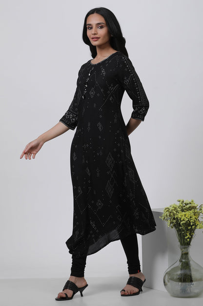 W for Woman Black Printed A-Line Kurta And Churidar Set