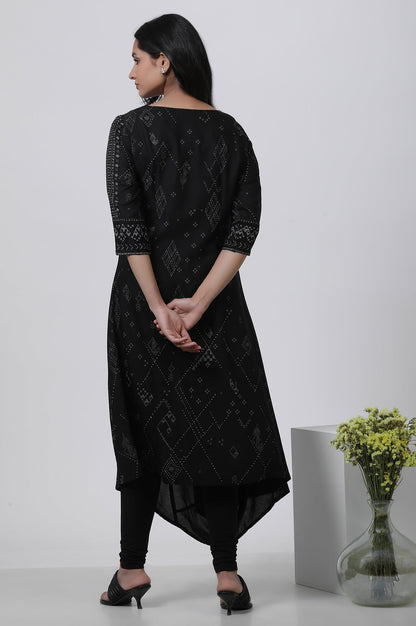W for Woman Black Printed A-Line Kurta And Churidar Set
