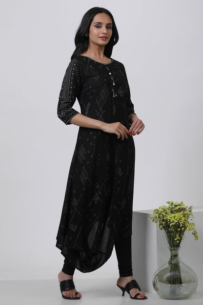 W for Woman Black Printed A-Line Kurta And Churidar Set