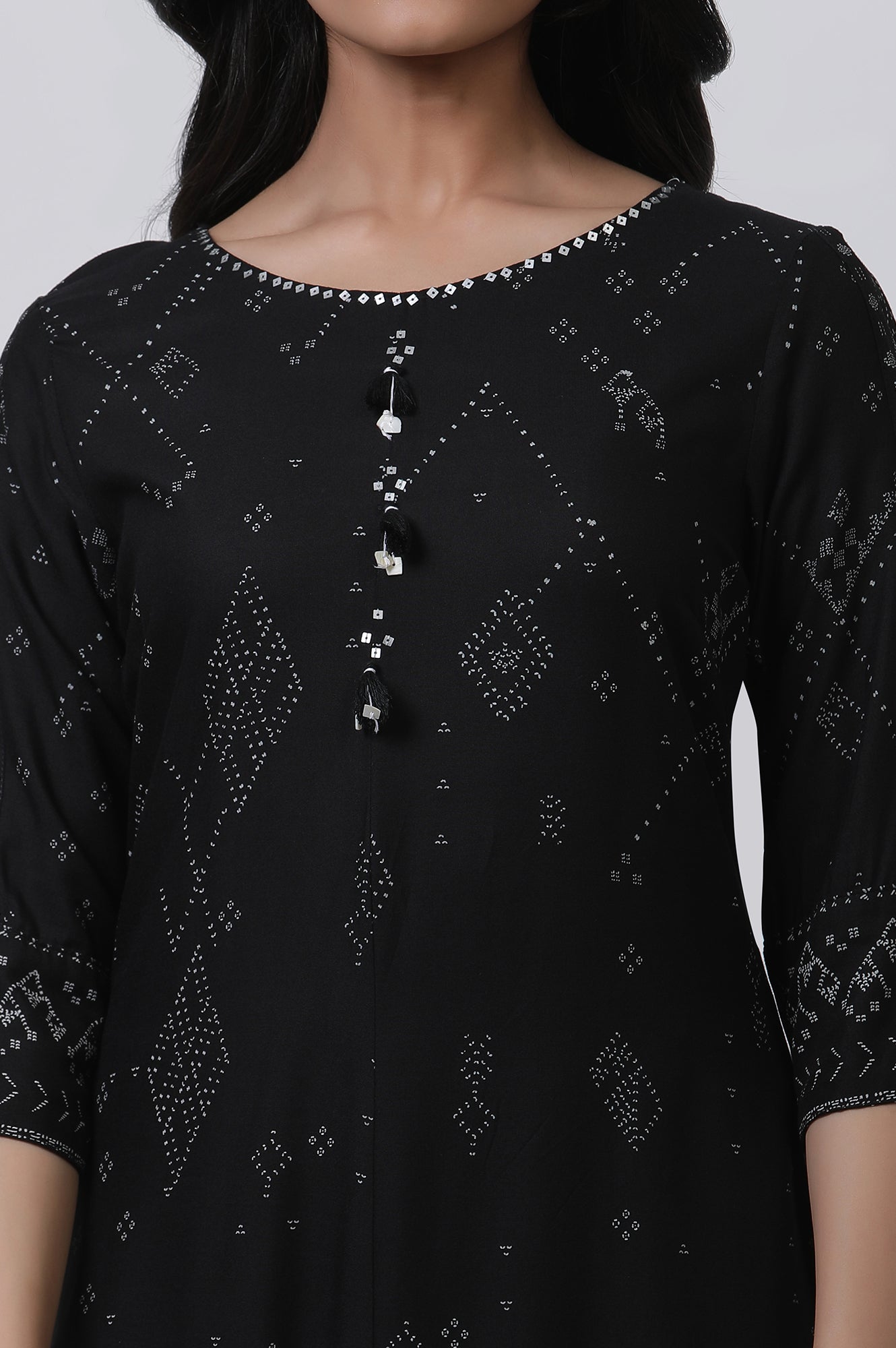 W for Woman Black Printed A-Line Kurta And Churidar Set