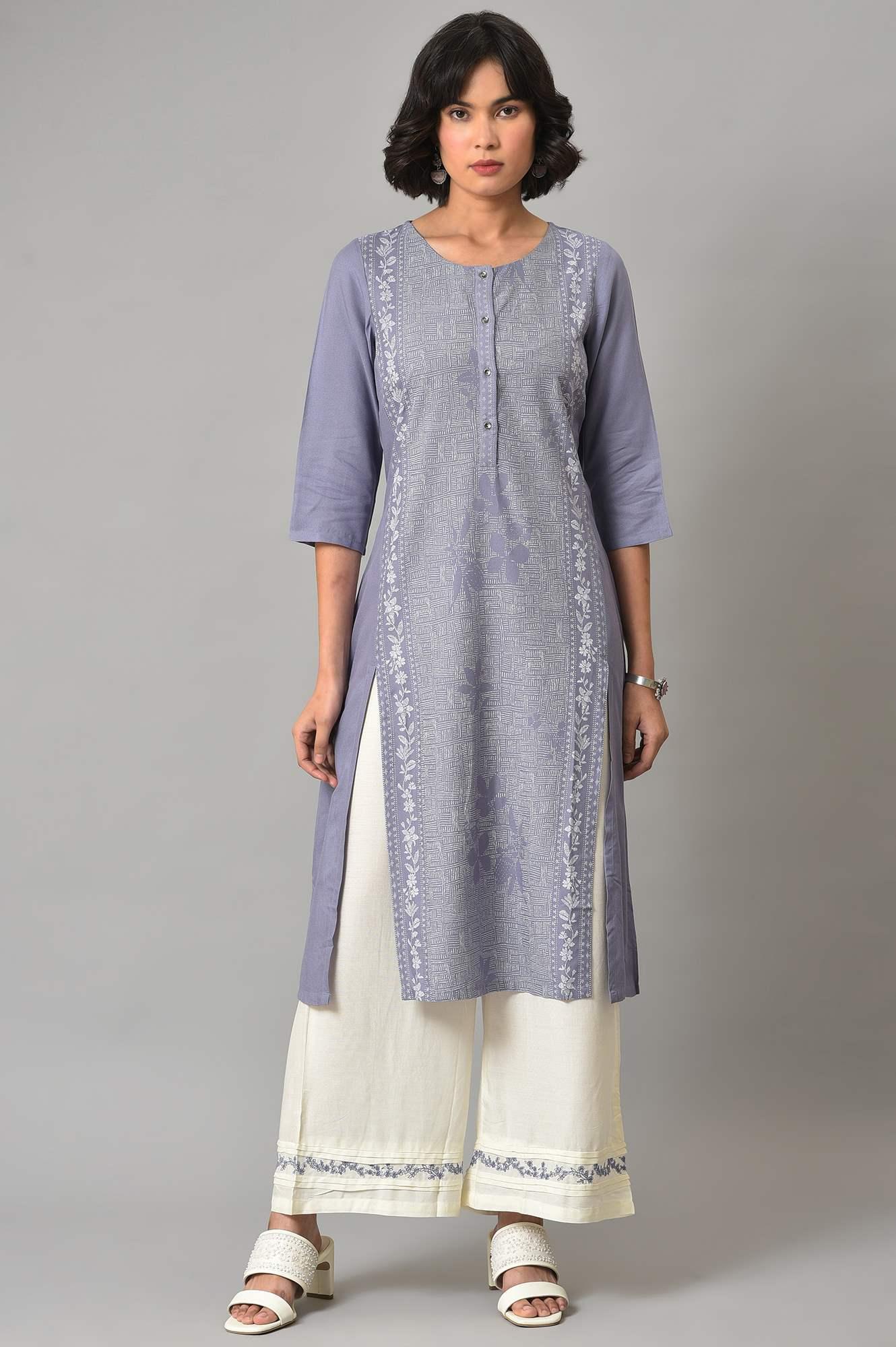 W for Woman Dusk Purple Floral Printed kurta With Embroidered Ecru Pants And Dupatta