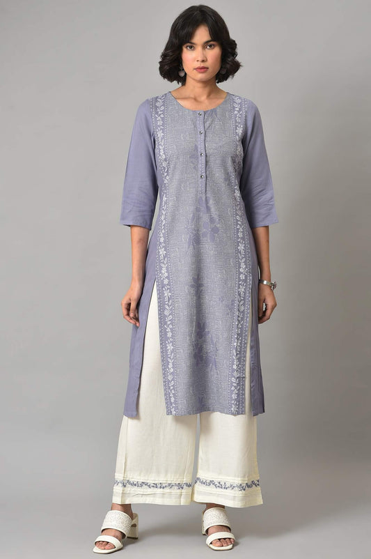W for Woman Dusk Purple Floral Printed kurta With Embroidered Ecru Pants And Dupatta