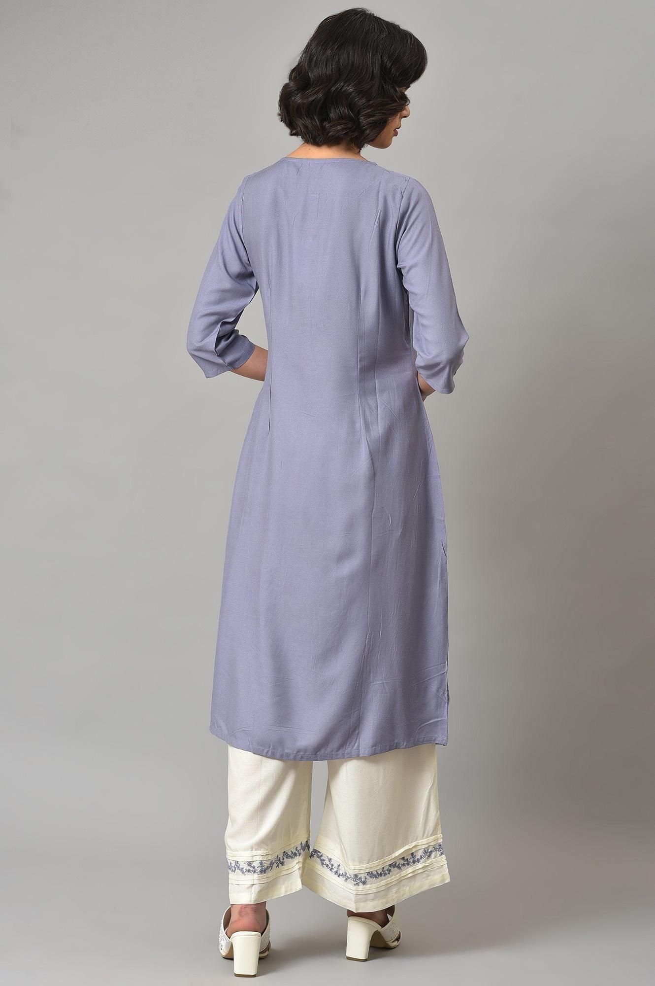 W for Woman Dusk Purple Floral Printed kurta With Embroidered Ecru Pants And Dupatta