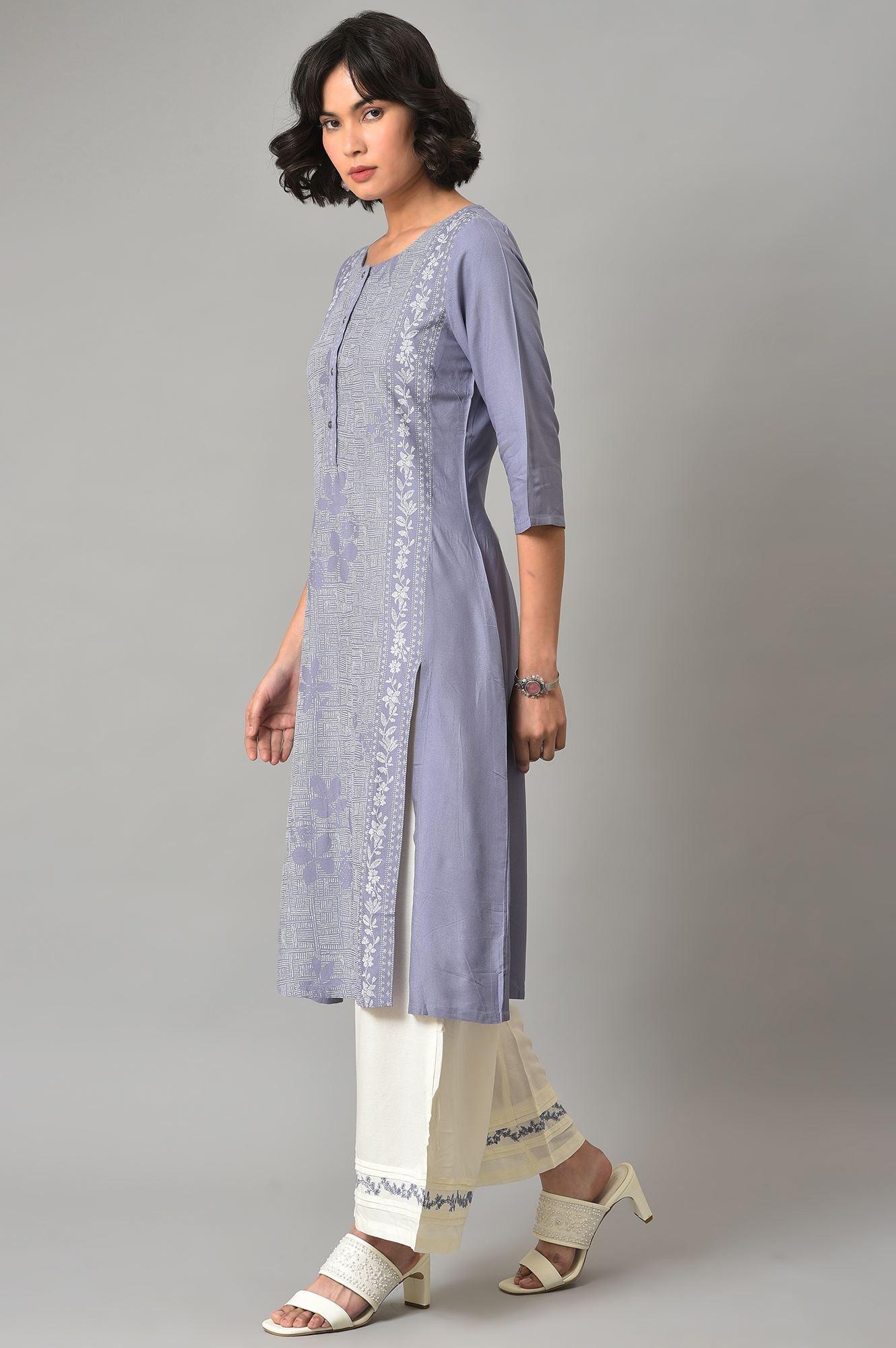 W for Woman Dusk Purple Floral Printed kurta With Embroidered Ecru Pants And Dupatta