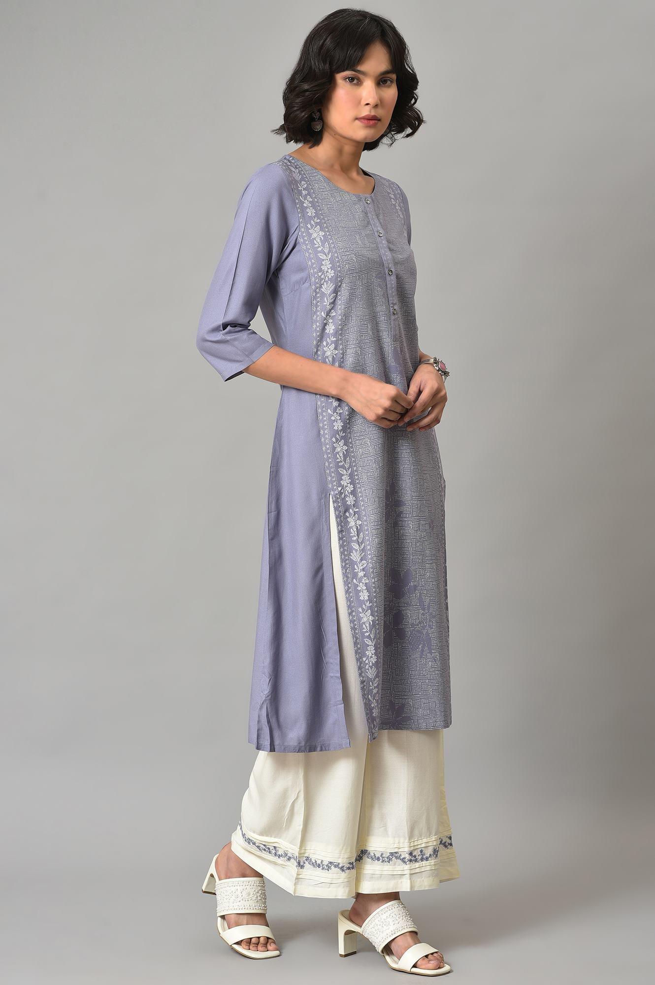 W for Woman Dusk Purple Floral Printed kurta With Embroidered Ecru Pants And Dupatta