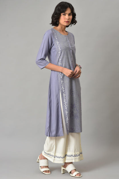 W for Woman Dusk Purple Floral Printed kurta With Embroidered Ecru Pants And Dupatta