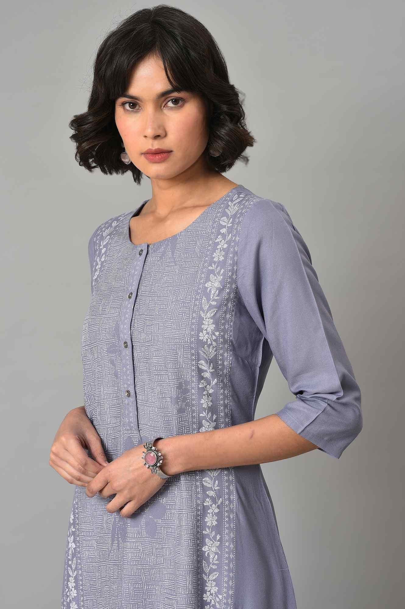 W for Woman Dusk Purple Floral Printed kurta With Embroidered Ecru Pants And Dupatta