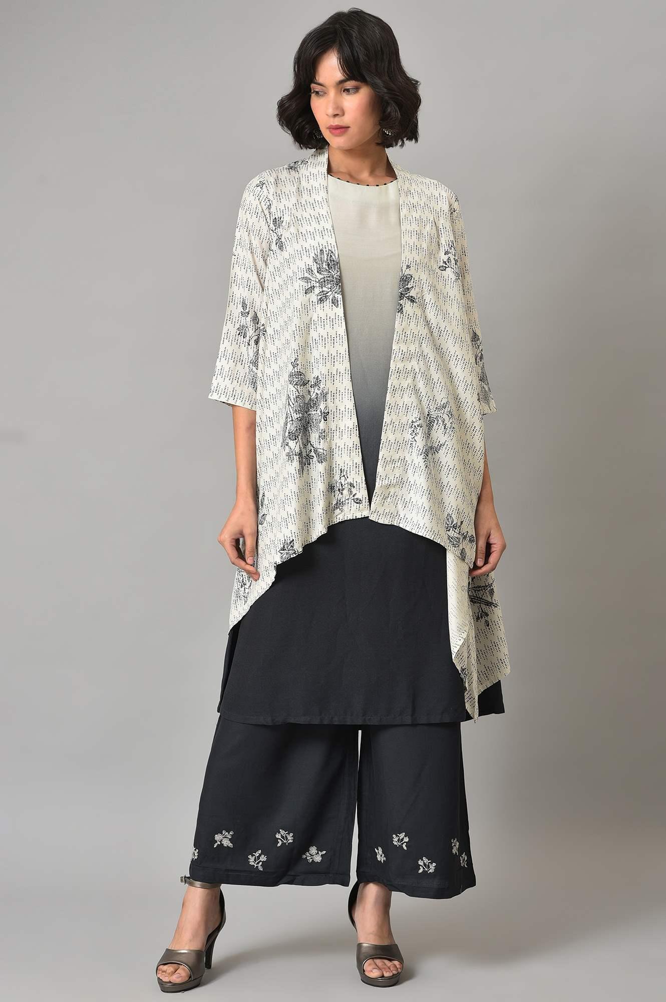 W for Woman White And Deep Blue Ombre kurta With Printed Gillet And Parallel Pants