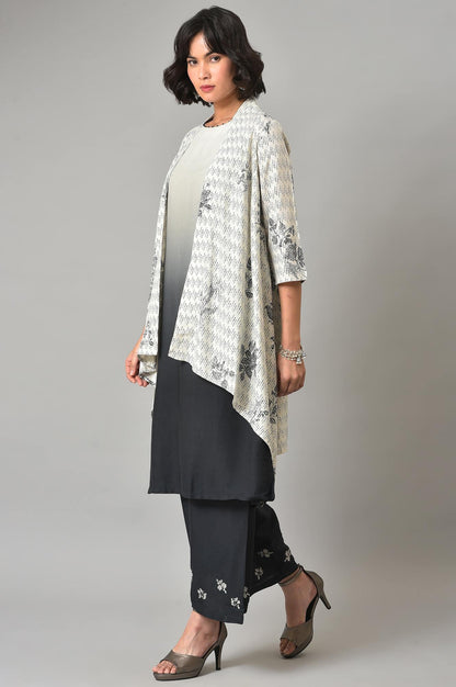 W for Woman White And Deep Blue Ombre kurta With Printed Gillet And Parallel Pants