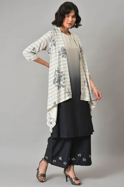W for Woman White And Deep Blue Ombre kurta With Printed Gillet And Parallel Pants