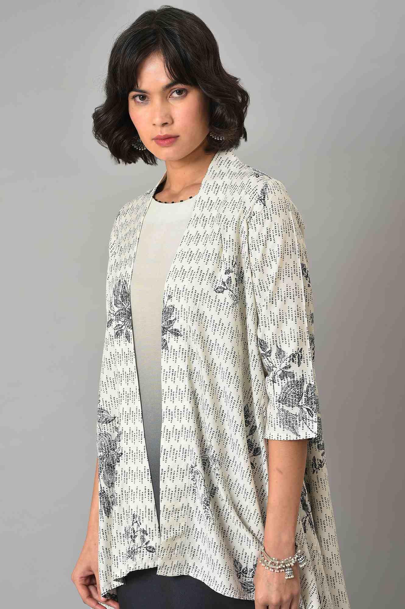 W for Woman White And Deep Blue Ombre kurta With Printed Gillet And Parallel Pants