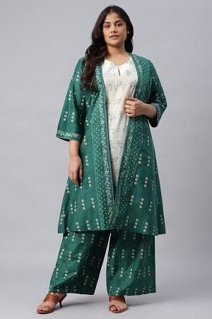 W for Woman Green Plus Size Printed Gillet With Off-White kurta And Green Parallel Pants Set