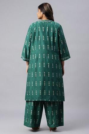 W for Woman Green Plus Size Printed Gillet With Off-White kurta And Green Parallel Pants Set