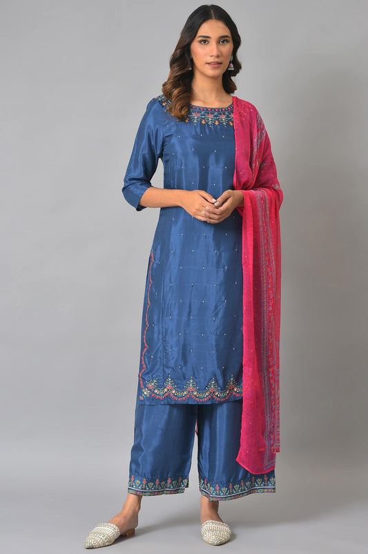 W for Woman Blue Embroidered kurta With Parallel Pants And Pink Dupatta