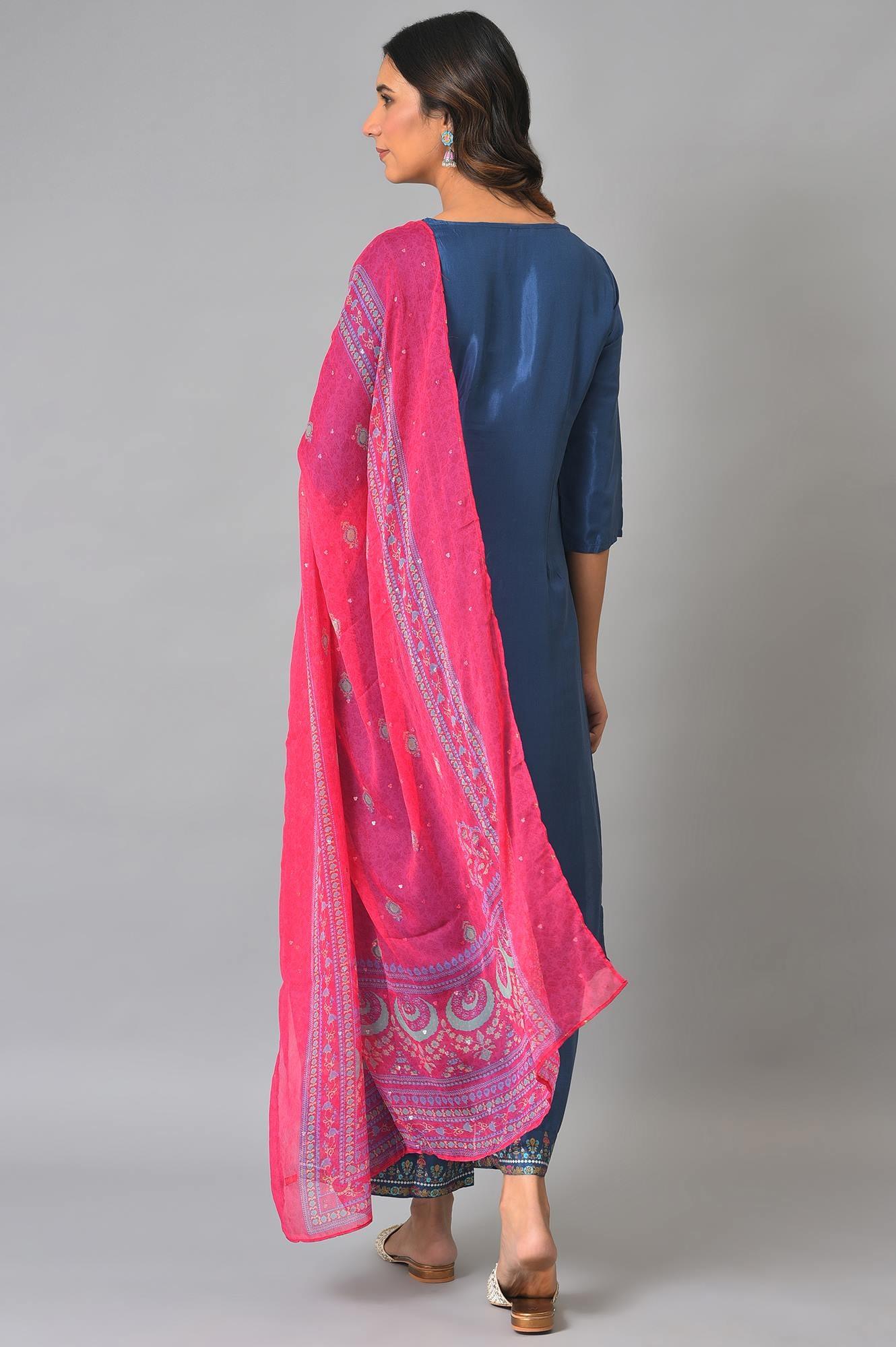 W for Woman Blue Embroidered kurta With Parallel Pants And Pink Dupatta