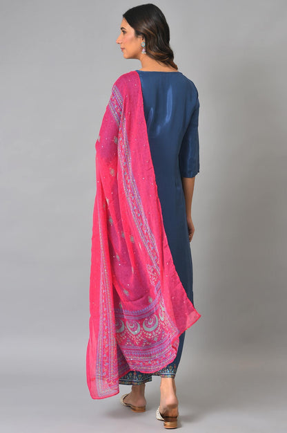 W for Woman Blue Embroidered kurta With Parallel Pants And Pink Dupatta