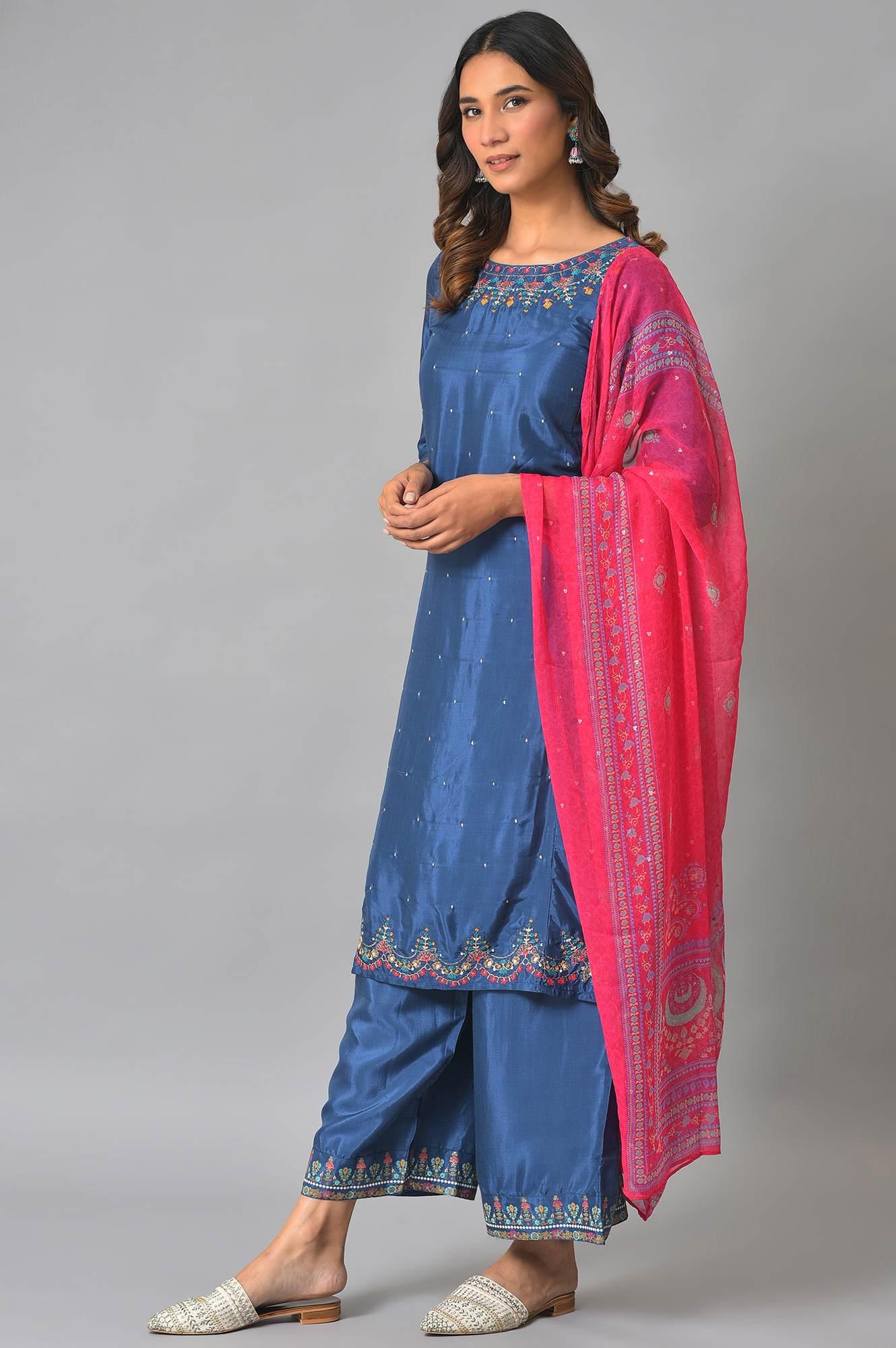 W for Woman Blue Embroidered kurta With Parallel Pants And Pink Dupatta