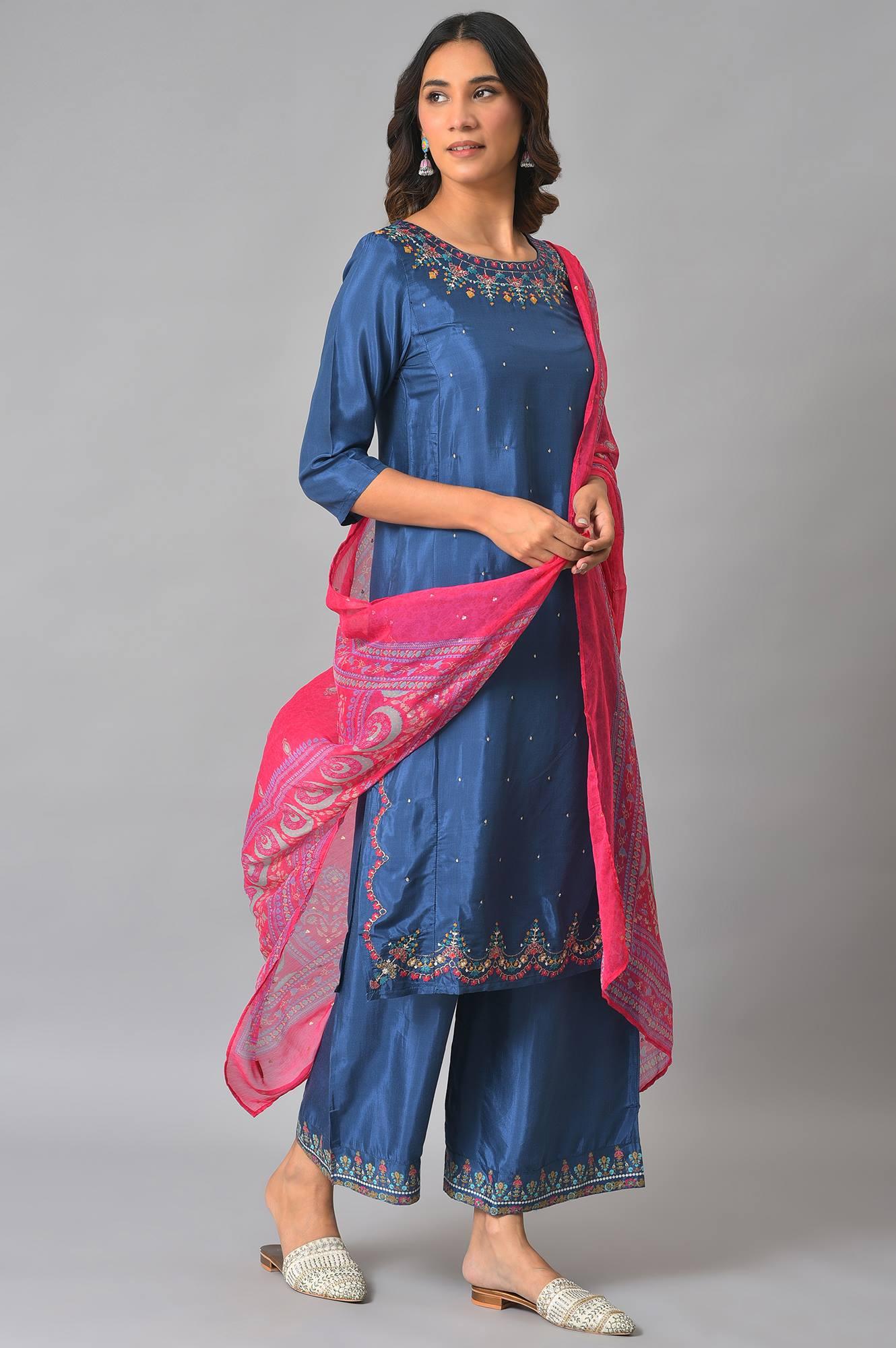 W for Woman Blue Embroidered kurta With Parallel Pants And Pink Dupatta