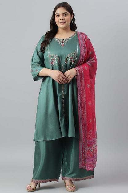 W for Woman Plus Size Dark Green Embroidered kurta With Parallel Pants And Pink Printed Dupatta
