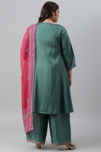 W for Woman Plus Size Dark Green Embroidered kurta With Parallel Pants And Pink Printed Dupatta