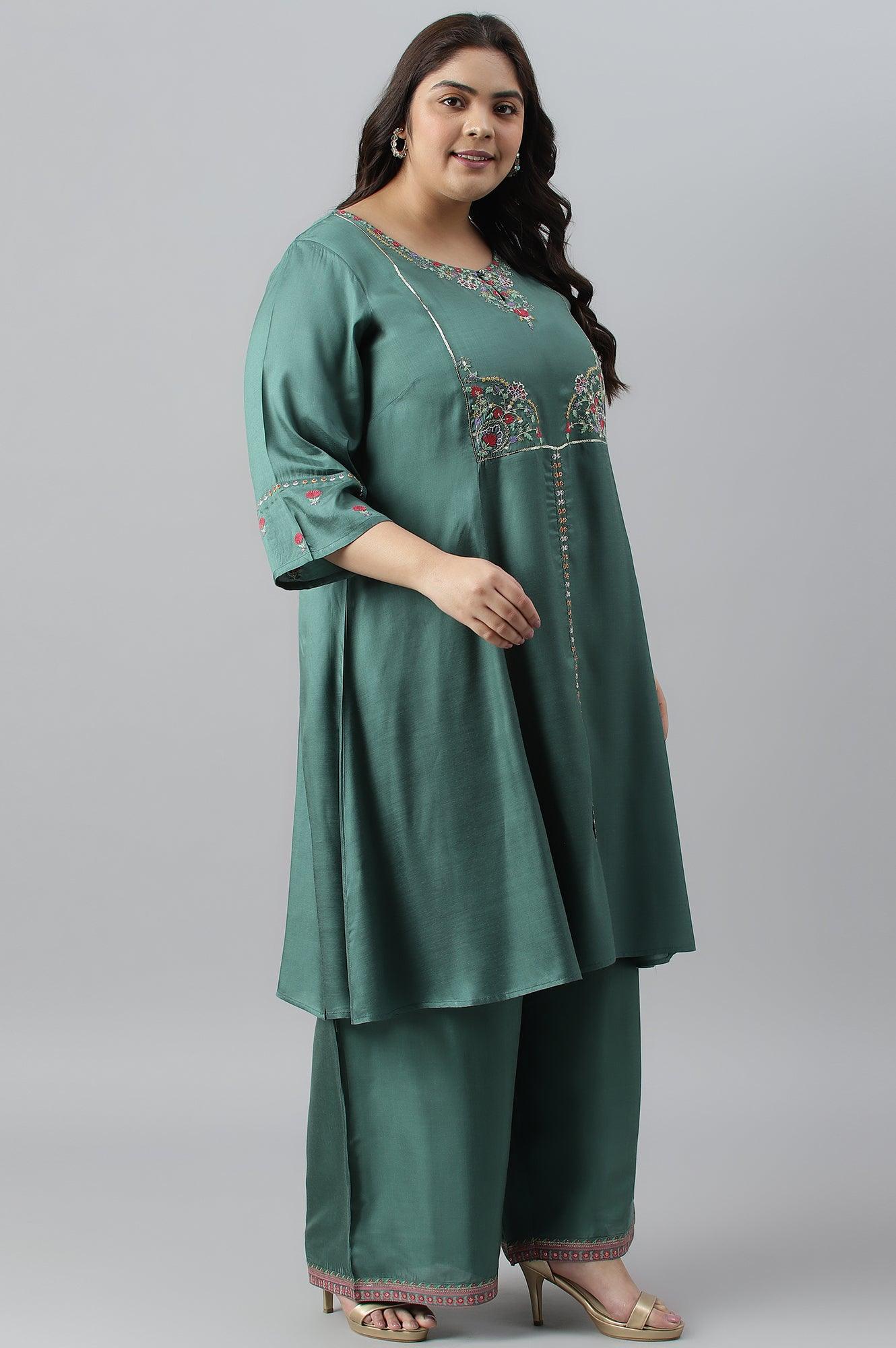 W for Woman Plus Size Dark Green Embroidered kurta With Parallel Pants And Pink Printed Dupatta