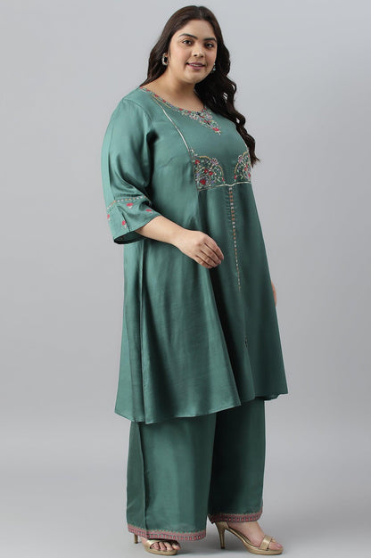 W for Woman Plus Size Dark Green Embroidered kurta With Parallel Pants And Pink Printed Dupatta