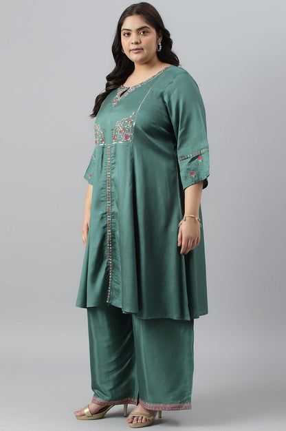 W for Woman Plus Size Dark Green Embroidered kurta With Parallel Pants And Pink Printed Dupatta