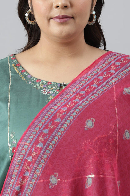 W for Woman Plus Size Dark Green Embroidered kurta With Parallel Pants And Pink Printed Dupatta