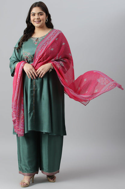 W for Woman Plus Size Dark Green Embroidered kurta With Parallel Pants And Pink Printed Dupatta