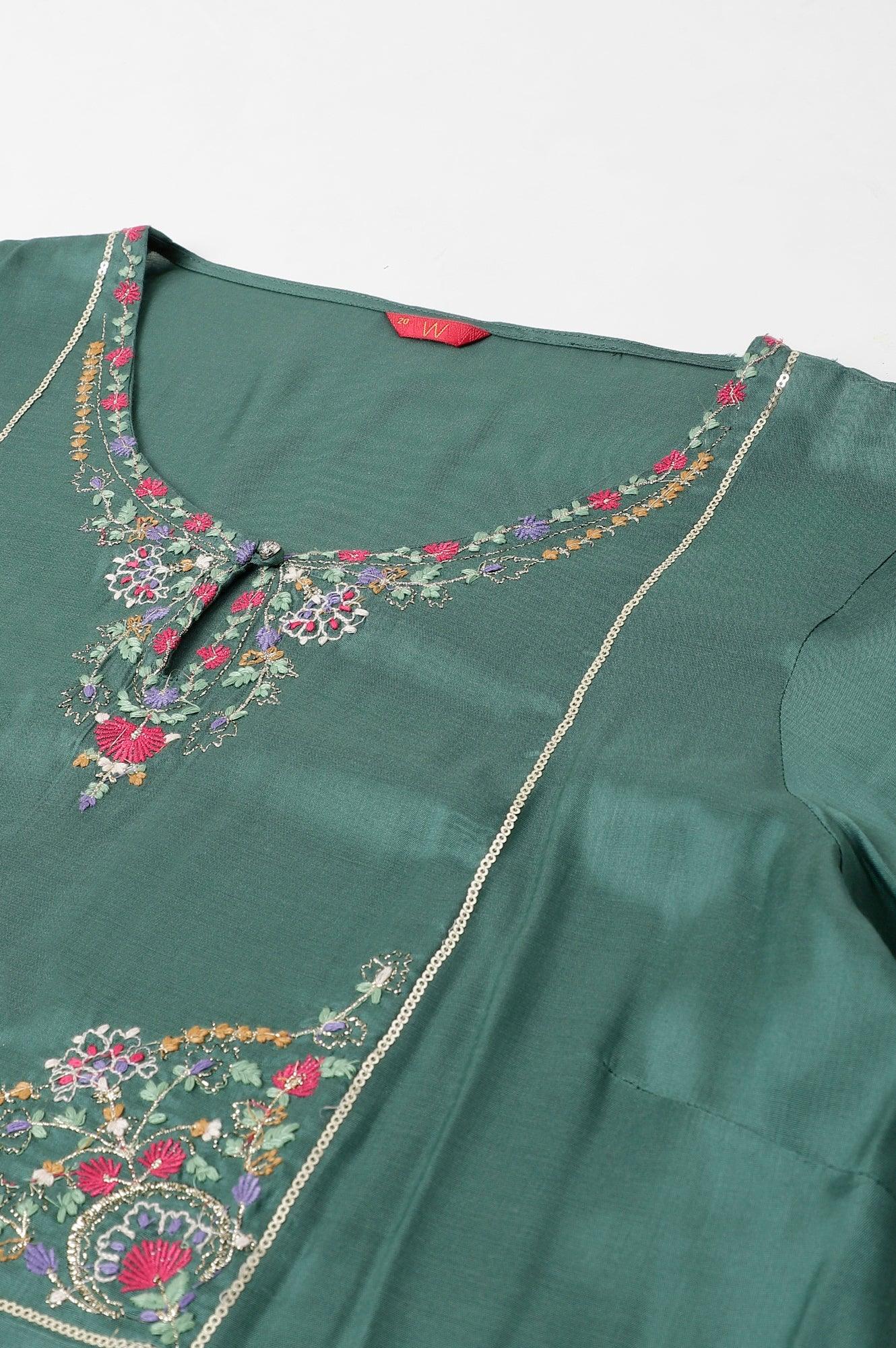W for Woman Plus Size Dark Green Embroidered kurta With Parallel Pants And Pink Printed Dupatta