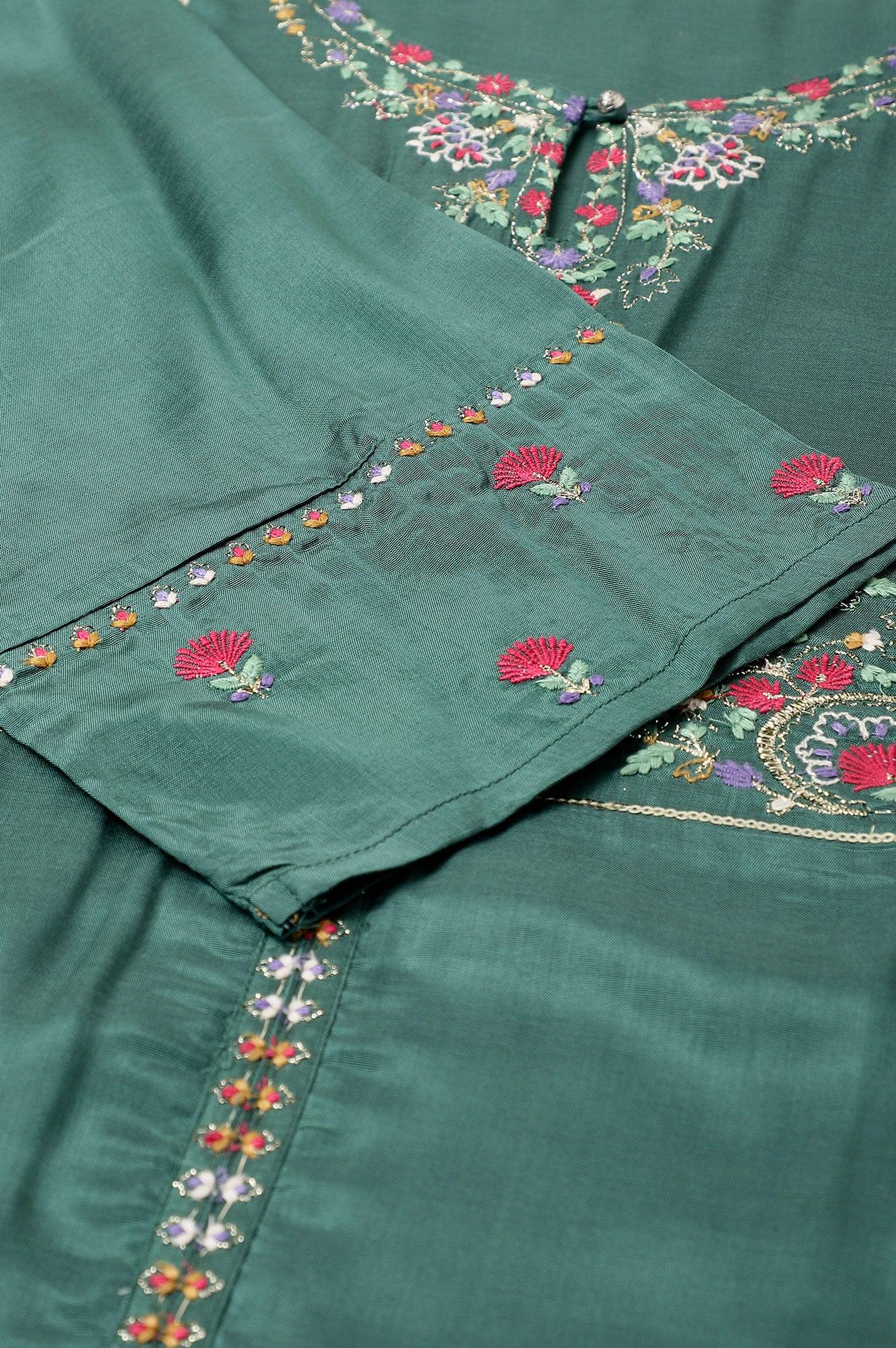 W for Woman Plus Size Dark Green Embroidered kurta With Parallel Pants And Pink Printed Dupatta
