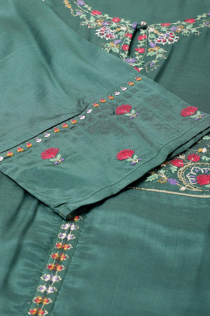 W for Woman Plus Size Dark Green Embroidered kurta With Parallel Pants And Pink Printed Dupatta