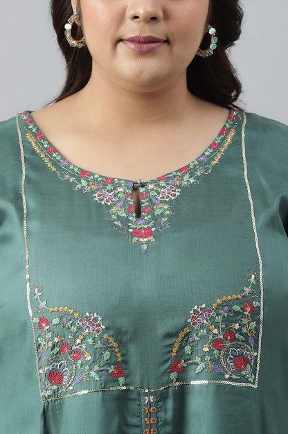 W for Woman Plus Size Dark Green Embroidered kurta With Parallel Pants And Pink Printed Dupatta