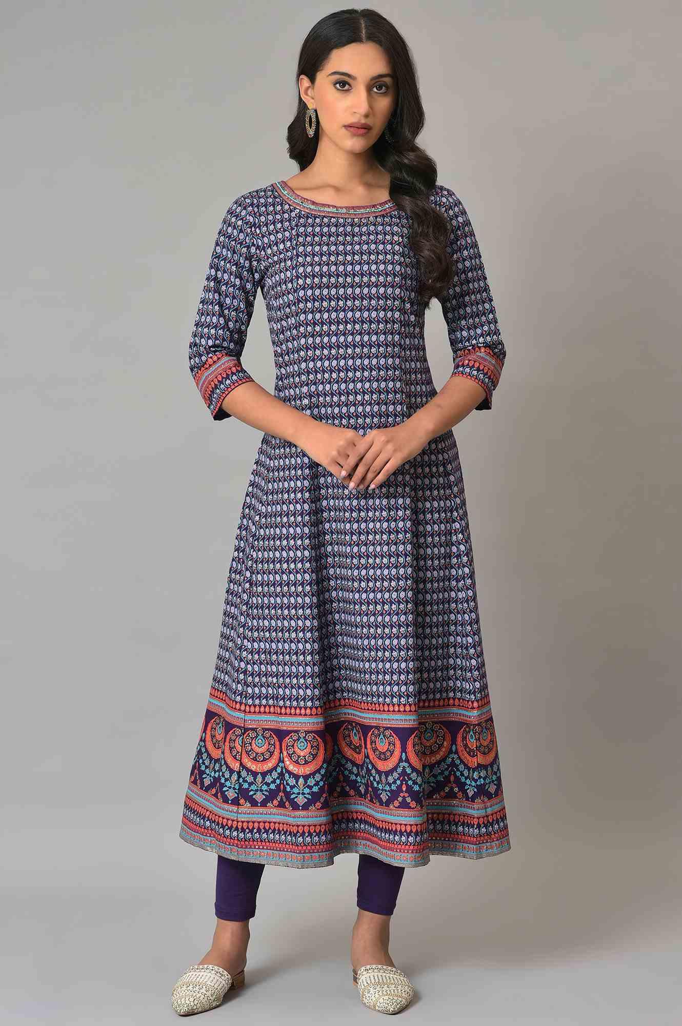 W for Woman Purple Printed Kalidar kurta With Tights