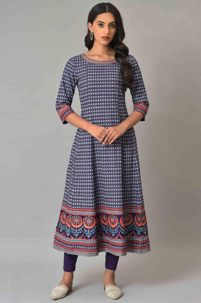 W for Woman Purple Printed Kalidar kurta With Tights